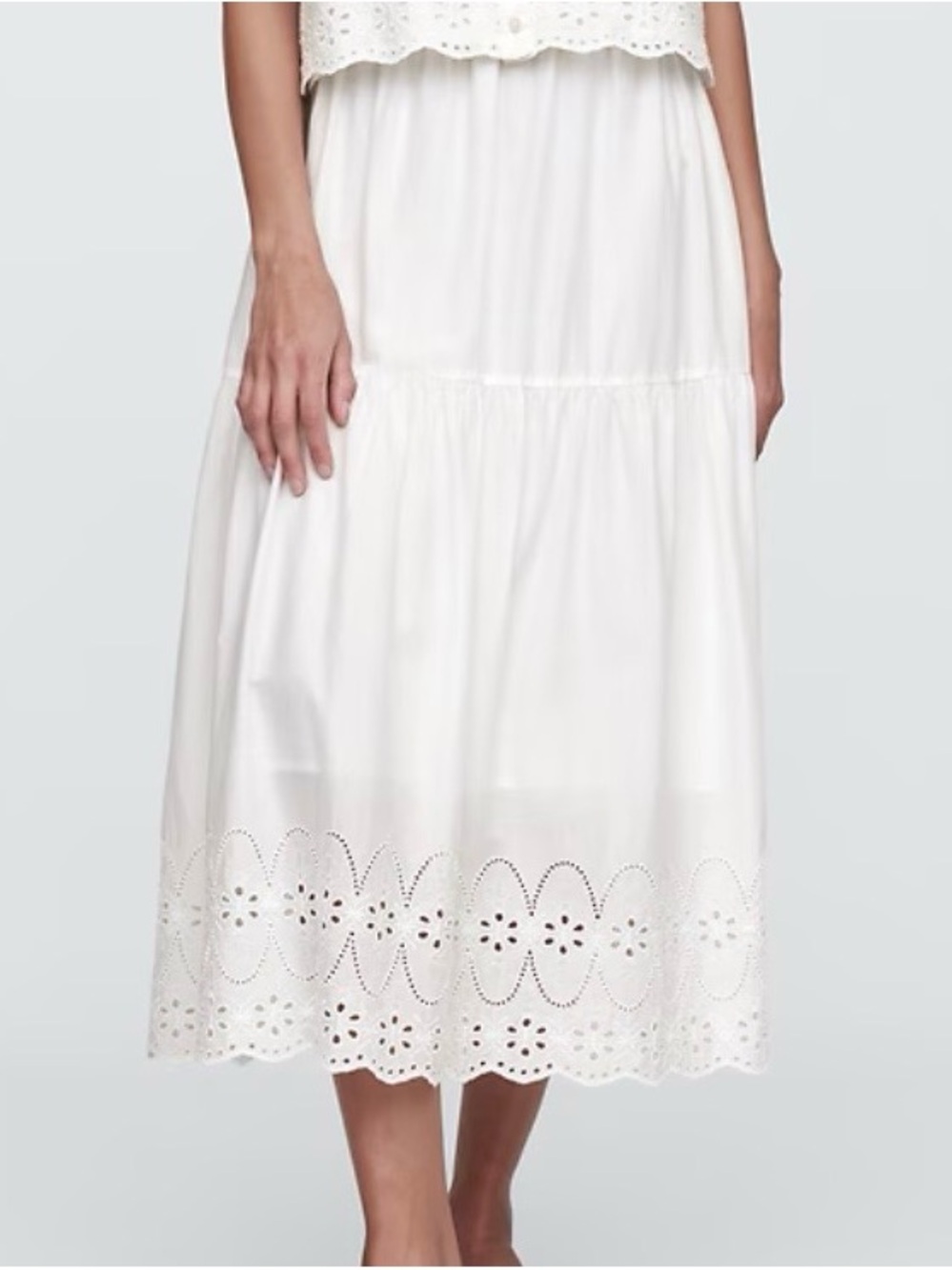 GAP Factory White Eyelet-Trim Midi Skirt with Scalloped Hem